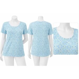 Denim & Co Womens 3X Blue Tile Print Short Sleeve Peasant Top Knit Scoop Neck